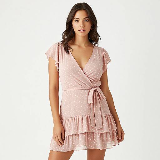 Photograph of a dark-haired woman with light skin wearing a pink, polka-dotted, V-neck, short-sleeve dress with a bow