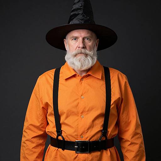 Bearded Man in Witch Hat and Orange Jacket