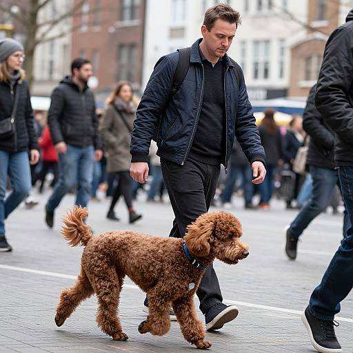 Man Walking Brown Poodle in City