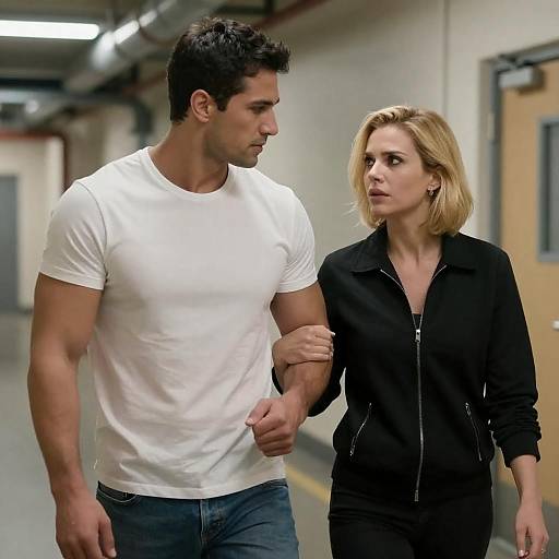 Man Holding Woman's Arm in Industrial Hallway