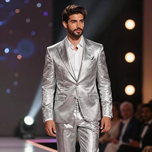 Man in Shiny Silver Suit on Runway