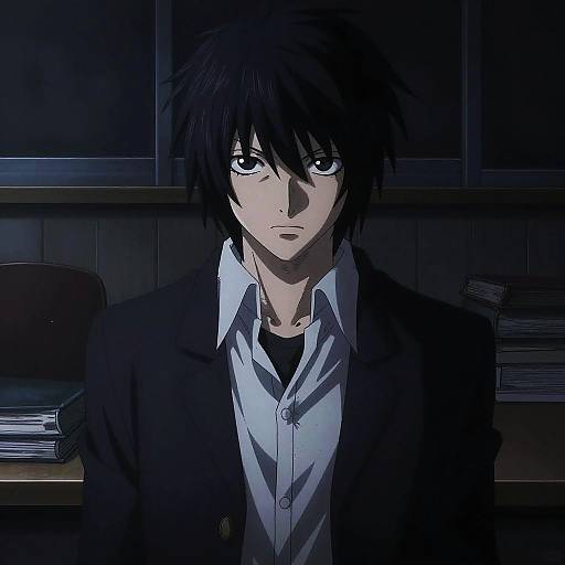 Anime-style digital illustration of a serious young man with black spiky hair, wearing a black blazer over a white shirt, in a dimly lit