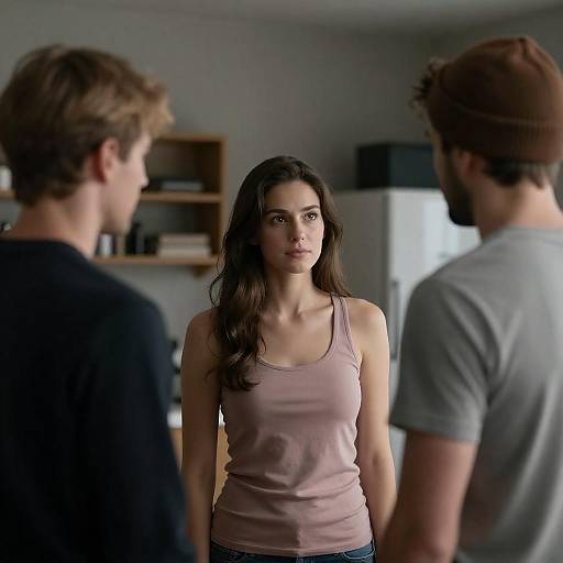 Three People in Conversation in Dimly Lit Room