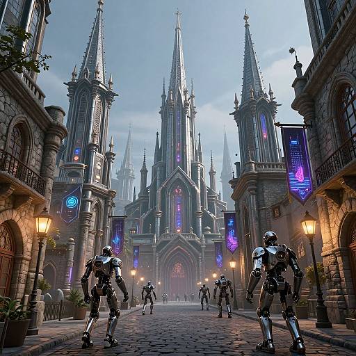 Digital artwork of futuristic armored soldiers in a medieval Gothic cathedral plaza at dusk, with neon lights and mist.