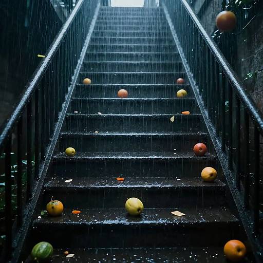 Photograph of a rain-soaked staircase with apples and oranges falling from above, illuminated by a bright light at the top.