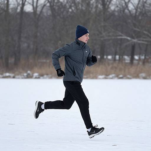 Photograph of a man jogging in winter, wearing a black beanie, jacket, black pants, gloves, and black sneakers, on a snow-covered