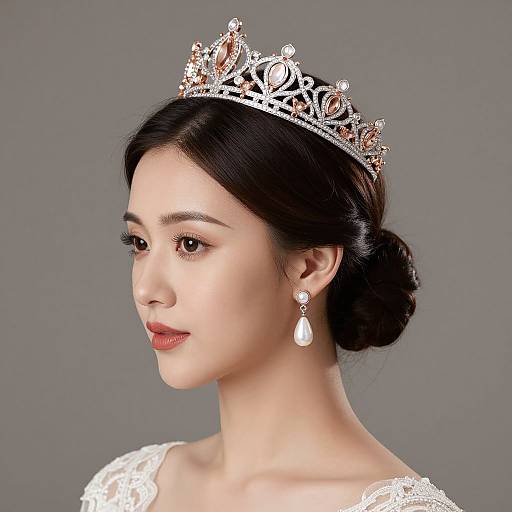 Photograph of an elegant Asian woman with fair skin, black hair in a bun, wearing a glittering tiara and white lace dress, with a