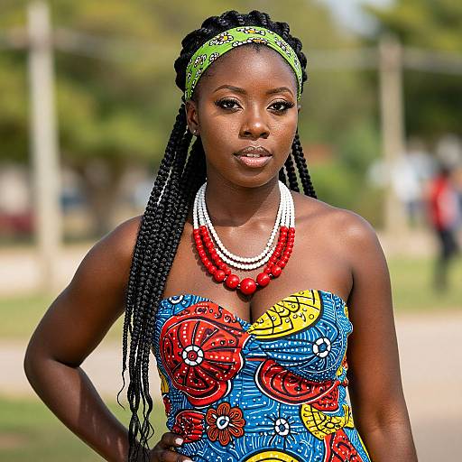 Photograph of a dark-skinned African woman with long braids, wearing a colorful, strapless dress with red and yellow patterns, green headband