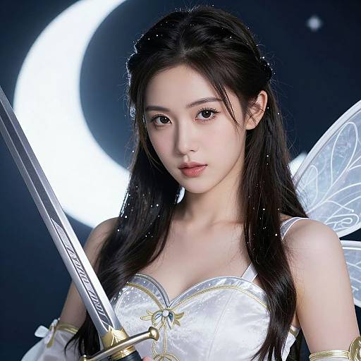 Digital illustration of an Asian woman with long black hair, wearing a white, strapless, armored top with gold accents, holding a sword, and transparent