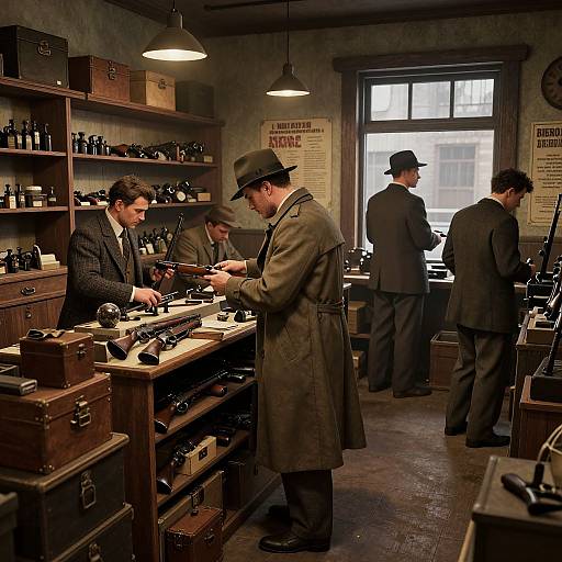 Vintage photograph of a dimly-lit, 1930s-style gun shop. Four men in suits and hats work among wooden shelves and display cases