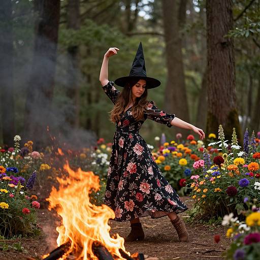 Photograph of a young woman in a black floral dress and witch hat, dancing around a fire in a vibrant forest garden.