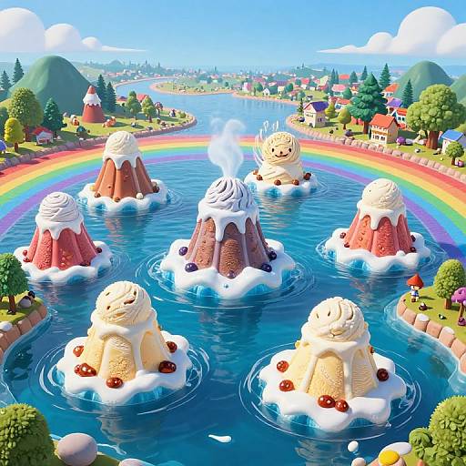 Whimsical CGI image: Six vanilla and chocolate ice cream mountains with whipped cream and cherries float in a blue river, under a vibrant rainbow,