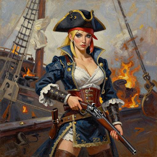 Digital painting of a sexy, blonde pirate woman with large breasts, wearing a blue tricorn hat, white lace corset, and navy coat, holding