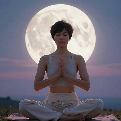 Mystical Pixie-Cut Woman Meditating Under Moon