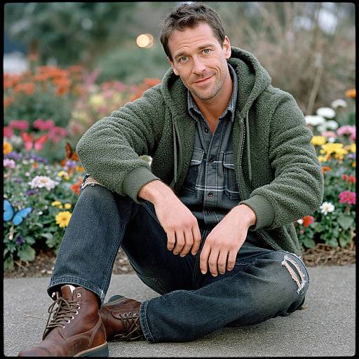 Photograph of a smiling middle-aged man with short dark hair, wearing a green fleece, plaid shirt, and dark jeans, sitting on a sidewalk