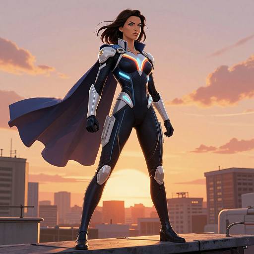 Futuristic Female Superhero at Sunset