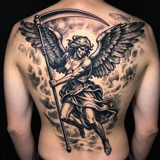 Tattoo of winged angel holding scythe on a male back, black and grey, with cloudy sky background, detailed and intricate.