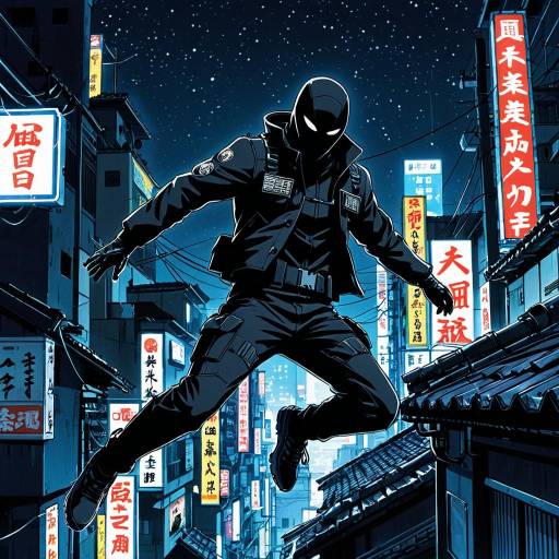 Stealthy Assassin Leaping on Neon-lit Rooftops