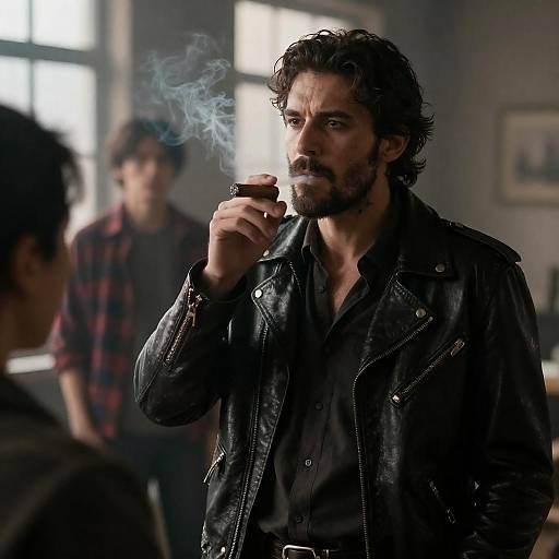 Rugged Man in Leather Jacket Smoking