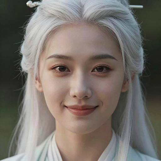 Photograph of a young East Asian woman with long, white hair, fair skin, and subtle makeup, smiling softly, wearing a white kimono-like