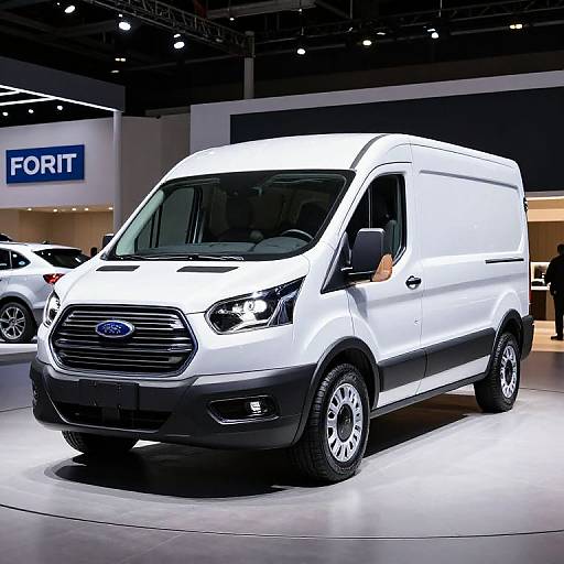 Photograph of a white Ford Transit van displayed in an auto showroom with a blue 