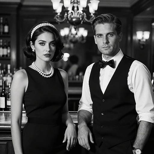 Black-and-white photograph of a stylish, 1930s-themed bar scene, featuring a woman with short dark hair, pearl necklace, sleeveless black