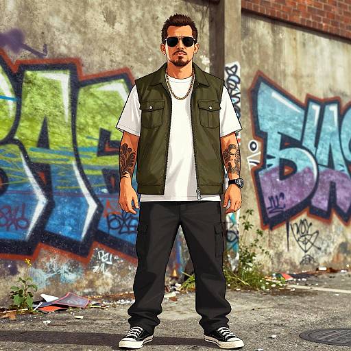 Photorealistic digital artwork of a tattooed man with dark hair, sunglasses, black vest, white shirt, black pants, and sneakers, standing in