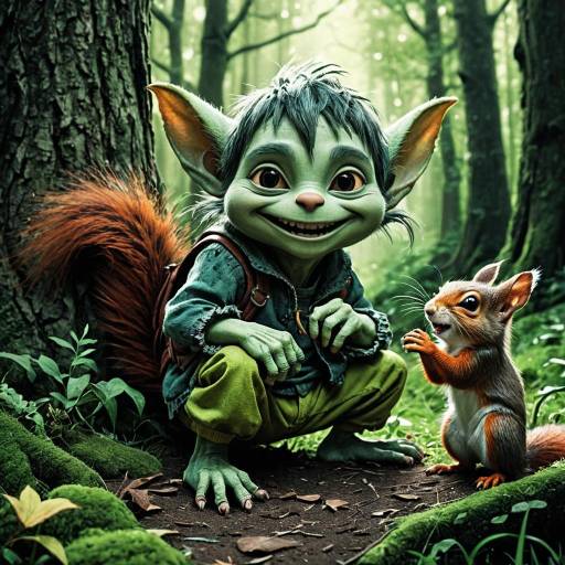 Mischievous Goblin and Playful Squirrel in Enchanted Forest Mischievous Goblin and Playful Squirrel in Enchanted Forest