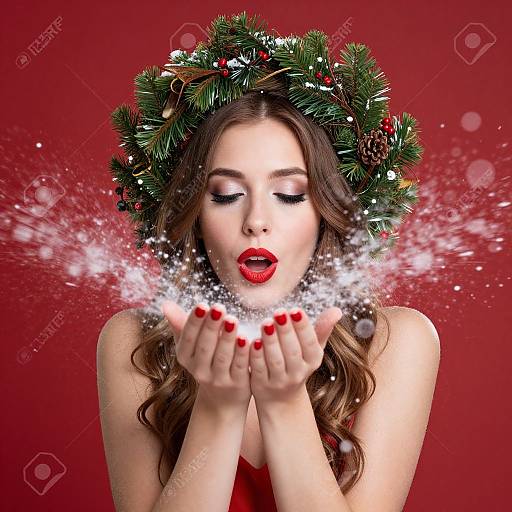 Photograph of a fair-skinned woman with red lipstick, brown wavy hair, wearing a green pine wreath, blowing snow onto her red-man