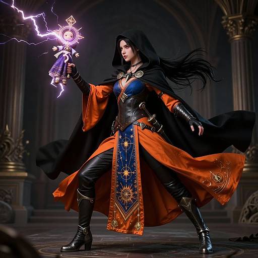 Mystical sorceress in black hood, orange and blue robe, wielding lightning bolt. Dark cathedral background. Digital art, fantasy style.