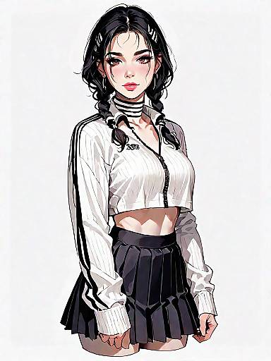 Sporty Casual Woman in Track Jacket and Plaid Skirt