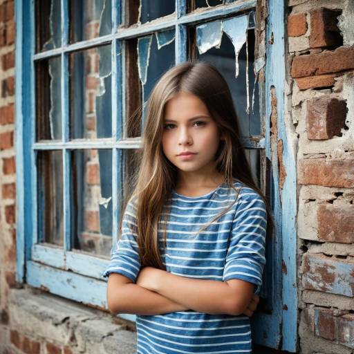 Young Girl in Blue Striped Shirt by Broken Window