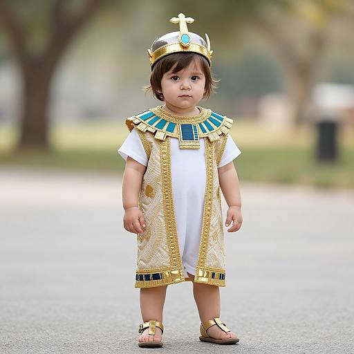Photograph of a young Asian boy with short black hair, wearing an Egyptian-style gold and turquoise crown, white tunic, and ornate gold-tr