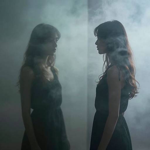 Photograph of a silhouetted woman with long, wavy hair, wearing a black dress, standing in front of a misty mirror,