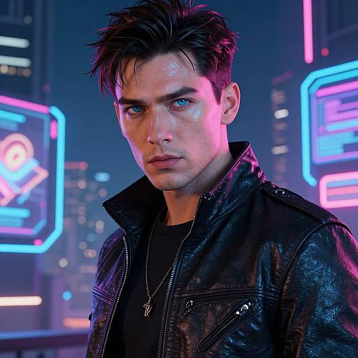 CGI image of a handsome, blue-eyed, dark-haired man in a black leather jacket, neon-lit cyberpunk city background, intense expression,