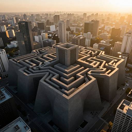Aerial photograph of a modern cityscape at sunset, featuring a unique, maze-like rooftop design on a central building amidst densely packed skyscrapers.