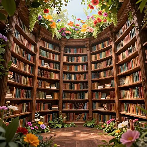 Photograph of an ornate, sunlit library with towering wooden bookshelves, colorful flowers overhead, and vibrant books, surrounded by blooming flowers