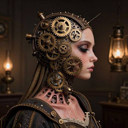 Steampunk-style digital artwork of a pale-skinned woman with mechanical gears and cogs integrated into her head and neck, profile view, dark background