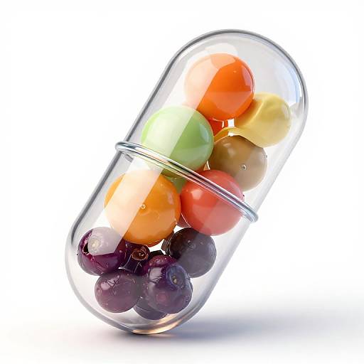 Photograph of a clear glass capsule filled with colorful fruits: green grape, orange cherry, yellow peach, red apple, and purple grape.