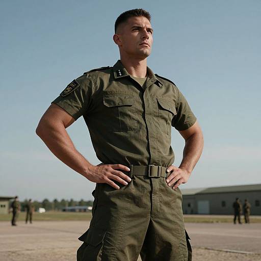 Photograph of a muscular, fair-skinned man with short brown hair, wearing an olive-green military uniform, standing confidently with hands on hips, against