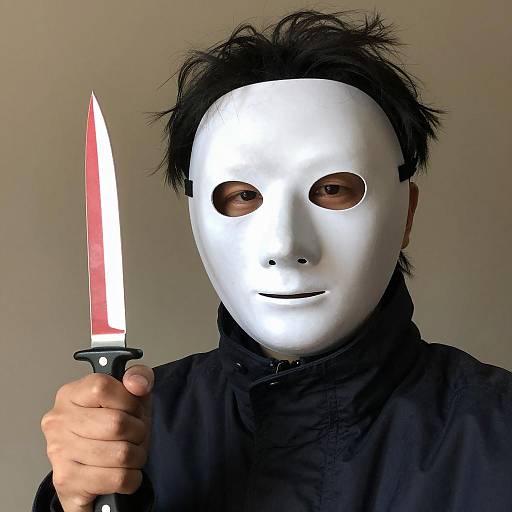 Mysterious Figure with Pale Mask and Knife