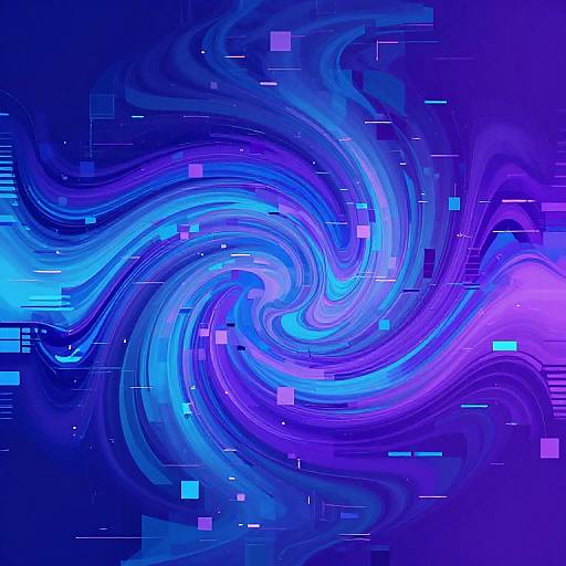 Digital abstract art featuring swirling blue and purple neon waves with glowing rectangles and lines, creating a dynamic, cybernetic vortex effect.