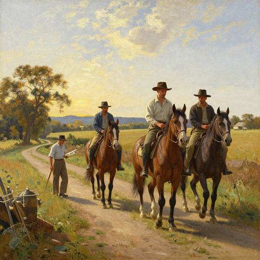 Realistic painting of three cowboys in hats riding brown and black horses on a sunlit, grassy path, with a fourth man walking beside them