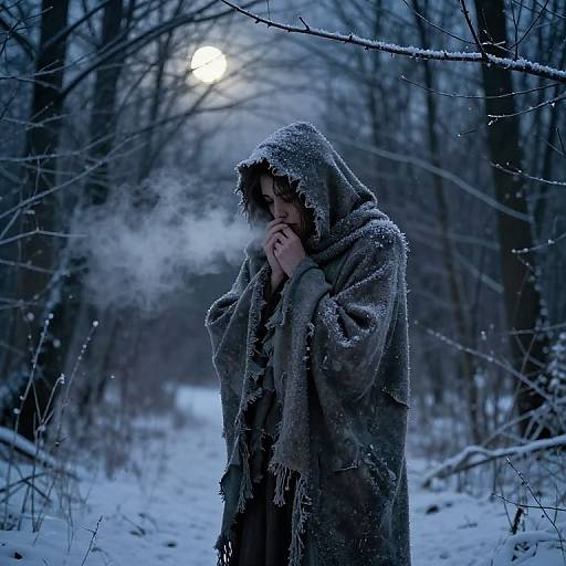 Photograph of a person in a snow-covered forest, wearing a gray, frayed hooded cloak, blowing on hands, under a glowing full moon