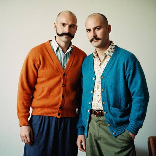 Two Bald Men with Mustaches in Vintage Cardigans