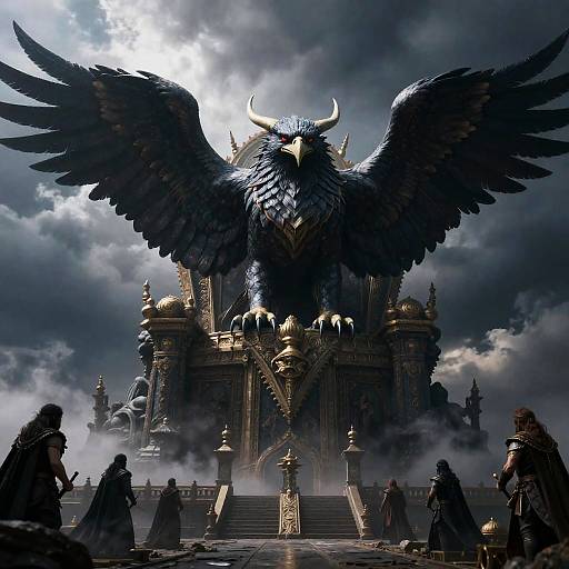 Digital fantasy artwork: massive black-feathered eagle with horns dominates grand golden throne, surrounded by robed figures on misty steps.