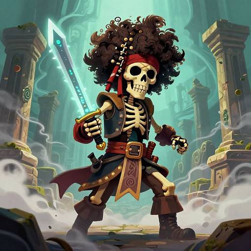 Digital illustration of a skeleton pirate with a large afro, skull headband, holding a glowing sword in a misty, ruined temple.