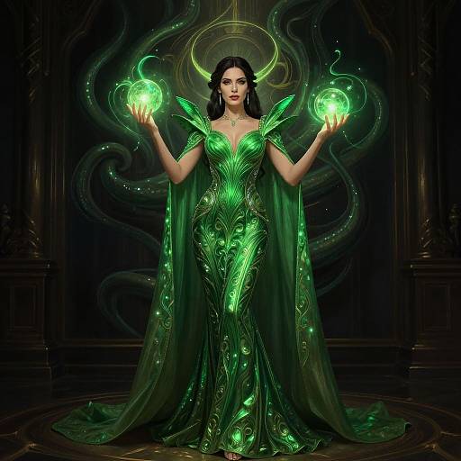 Digital artwork of a dark-haired woman in a luminous green, ornate gown, holding glowing green orbs, with a mystical, dark background.