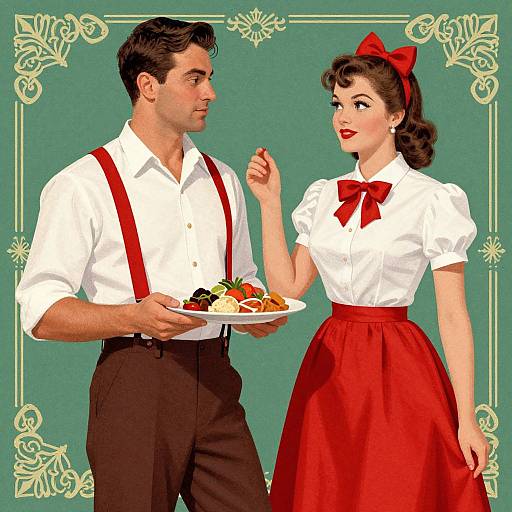Vintage-style illustration of a man in red suspenders and a woman in a red skirt and bow, both wearing white shirts, holding a plate of food