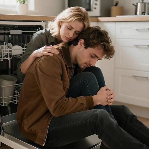 Emotional Moment in a Sunlit Kitchen